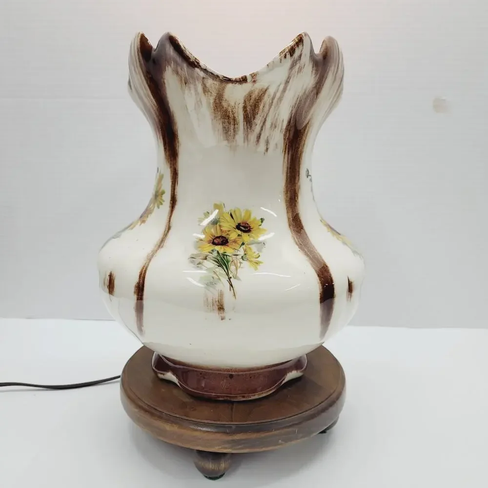 Vtg Table Lamp Water Pitcher Hand Painter Sunflowers Ceramic Wood Base 13